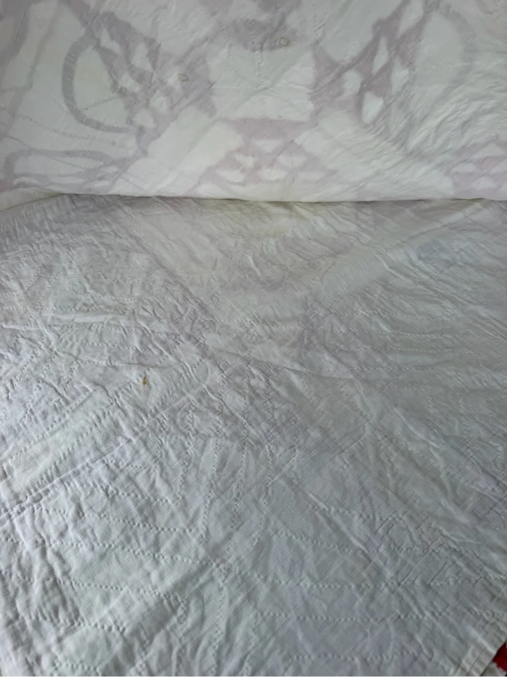Vintage Pickle Dish Quilt Hand Stitched Red White Gauzy Cotton Thin 57x89 READ